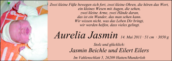 Babyanzeige von Aurelia Jasmin  von Nordwest-Zeitung