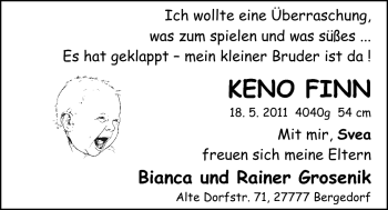 Babyanzeige von Keno Finn Grosenik von Nordwest-Zeitung