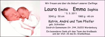 Babyanzeige von Laura und Emma  von Nordwest-Zeitung