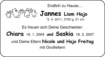 Babyanzeige von Jannes  von Nordwest-Zeitung