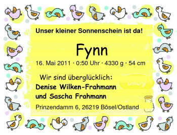 Babyanzeige von Fynn  von Nordwest-Zeitung