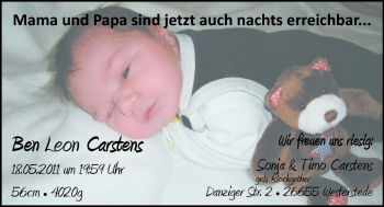 Babyanzeige von Ben Leon Carstens von Nordwest-Zeitung