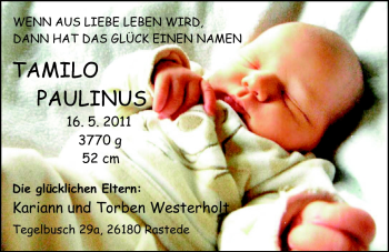 Babyanzeige von Tamilo Paulinus Westerholt von Nordwest-Zeitung