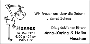 Babyanzeige von Hannes  von Nordwest-Zeitung