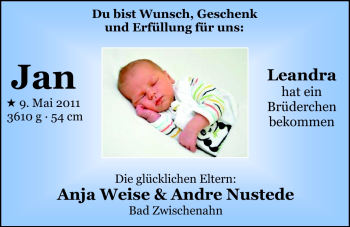 Babyanzeige von Jan  von Nordwest-Zeitung