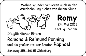 Babyanzeige von Romy  von Nordwest-Zeitung