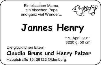 Babyanzeige von Jannes Henry  von Nordwest-Zeitung