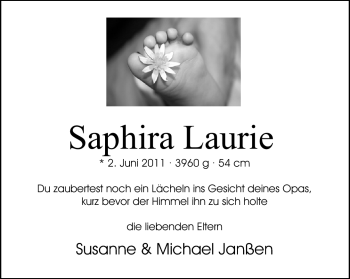Babyanzeige von Saphira Laurie Janßen von Nordwest-Zeitung