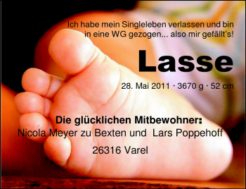 Babyanzeige von Lasse  von Nordwest-Zeitung