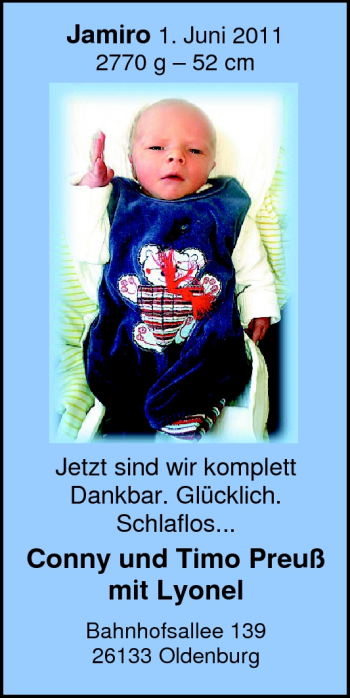 Babyanzeige von Jamiro  von Nordwest-Zeitung