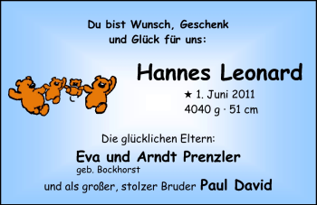 Babyanzeige von Hannes Leonard Prenzler von Nordwest-Zeitung