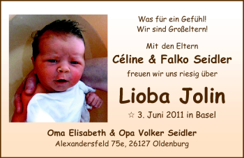 Babyanzeige von Lioba Jolin  von Nordwest-Zeitung