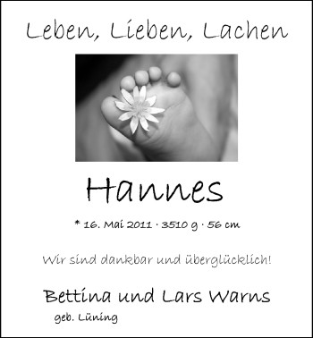 Babyanzeige von Hannes Warns von Nordwest-Zeitung