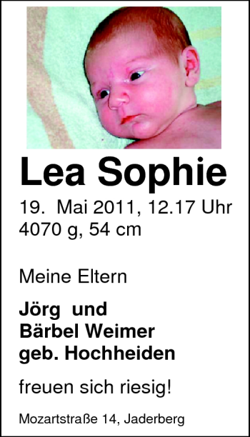 Babyanzeige von Lea Sophie Weimer von Nordwest-Zeitung