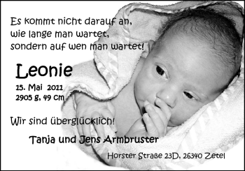 Babyanzeige von Leonie Armbruster von Nordwest-Zeitung