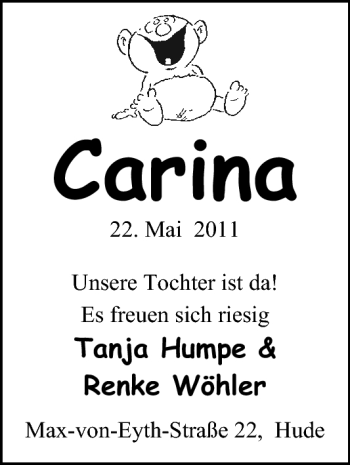 Babyanzeige von Carina  von Nordwest-Zeitung