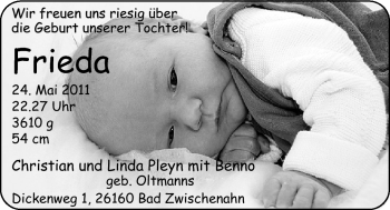 Babyanzeige von Frieda Pleyn von Nordwest-Zeitung