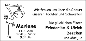 Babyanzeige von Marlene  von Nordwest-Zeitung