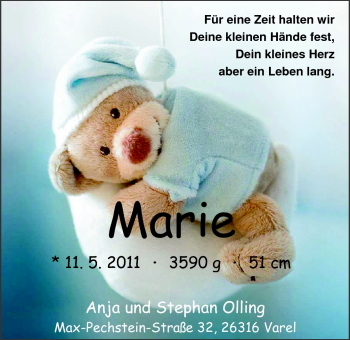 Babyanzeige von Marie Olling von Nordwest-Zeitung