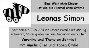 Babyanzeige von Leonas Simon Schmidt von Nordwest-Zeitung