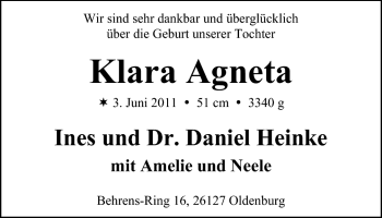 Babyanzeige von Klara Agneta  von Nordwest-Zeitung