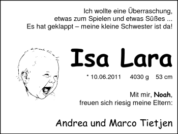 Babyanzeige von Isa Lara  von Nordwest-Zeitung