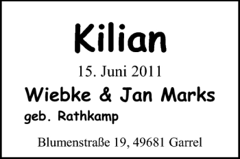 Babyanzeige von Kilian Marks von Nordwest-Zeitung