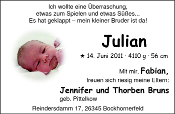 Babyanzeige von Julian Bruns von Nordwest-Zeitung