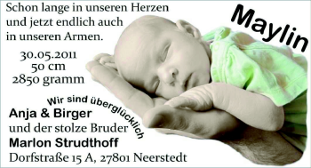 Babyanzeige von Maylin Strudthoff von Nordwest-Zeitung