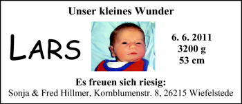 Babyanzeige von Lars Hillmer von Nordwest-Zeitung