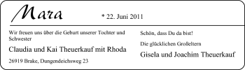 Babyanzeige von Mara  von Nordwest-Zeitung