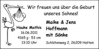 Babyanzeige von Hauke Mathis Hoffmann von Nordwest-Zeitung