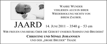 Babyanzeige von Jaard Johannsen von Nordwest-Zeitung