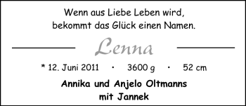 Babyanzeige von Lenna Oltmanns von Nordwest-Zeitung