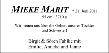 Babyanzeige von Mieke Marit Fahlke von Nordwest-Zeitung