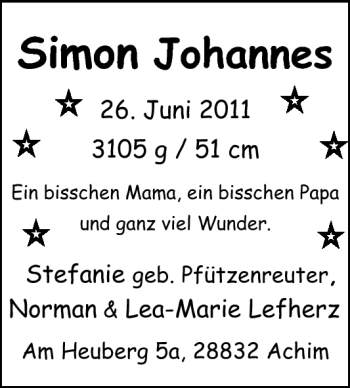 Babyanzeige von Simon Johannes  von Nordwest-Zeitung