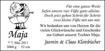 Babyanzeige von Maja Klotzbücher von Nordwest-Zeitung