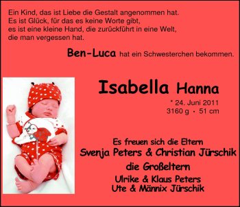 Babyanzeige von Isabella Hanna  von Nordwest-Zeitung
