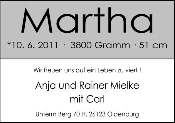 Babyanzeige von Martha Mielke von Nordwest-Zeitung