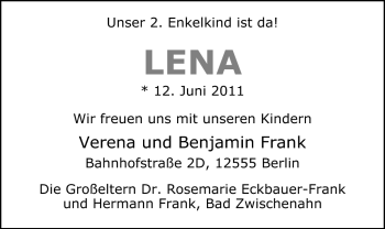 Babyanzeige von Lena Frank von Nordwest-Zeitung