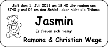 Babyanzeige von Jasmin Wege von Nordwest-Zeitung