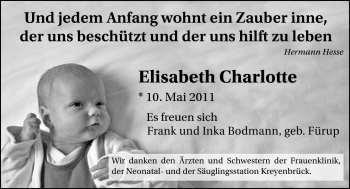 Babyanzeige von Elisabeth Charlotte  von Nordwest-Zeitung