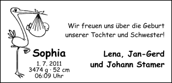 Babyanzeige von Sophia  von Nordwest-Zeitung
