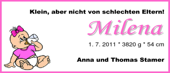 Babyanzeige von Milena Stamer von Nordwest-Zeitung