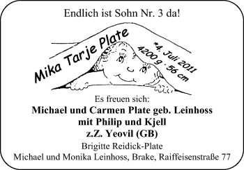 Babyanzeige von Mika Tarje Plate von Nordwest-Zeitung