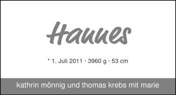 Babyanzeige von Hannes  von Nordwest-Zeitung