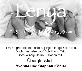 Babyanzeige von Lenya Köhler von Nordwest-Zeitung