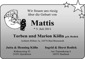 Babyanzeige von Mattis Kölln von Nordwest-Zeitung