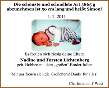 Babyanzeige von Simon Lichtenberg von Nordwest-Zeitung