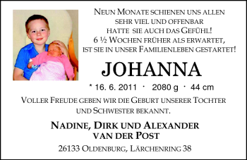 Babyanzeige von Johanna van der Post von Nordwest-Zeitung